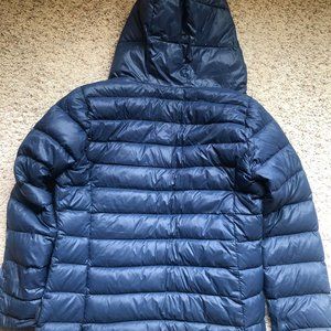 EUC womens blue packable Calvin Klein down jacket hoodie, size med